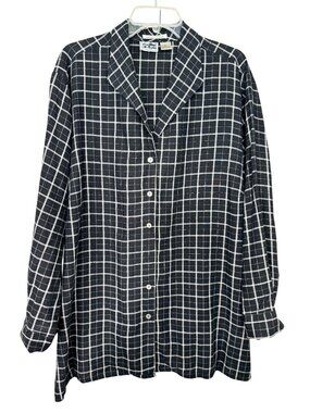 Edward Woman 100% Irish Linen Plaid Button Front Shirt Top 3X Black White Casual